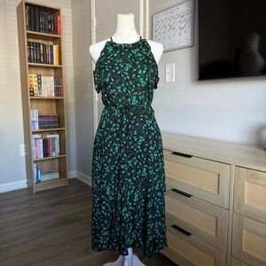 who what wear green and black floral midi dress